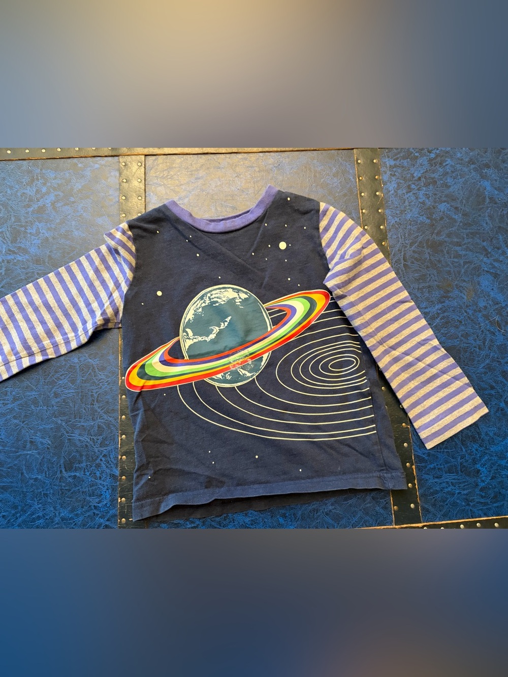 Mini Boden Navy Planet Graphic Long-Sleeve Tee with Purple Stripes